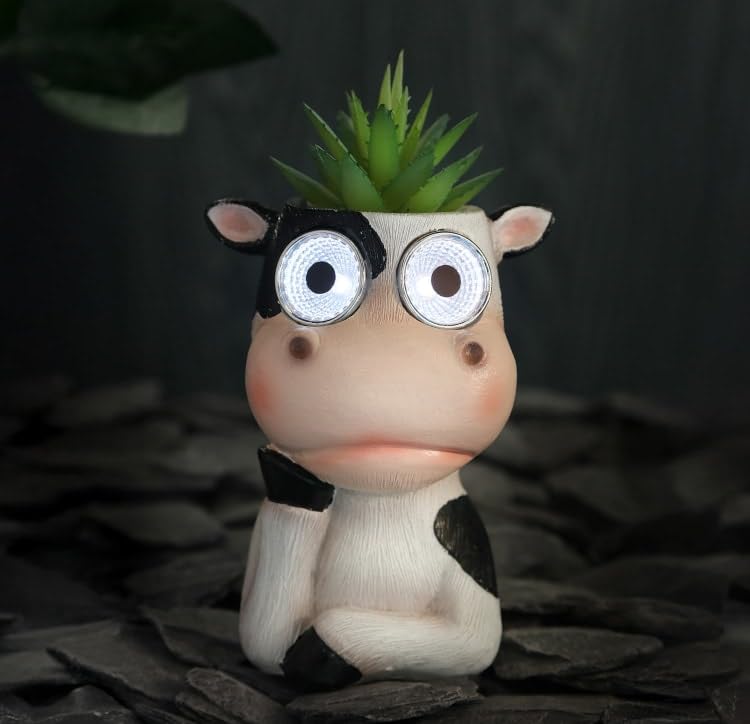 New Adorable Solar Powered Cow with Artificial Succulent – LED Light Up Garden Ornament, Cute Big-Eyed Outdoor Decoration, Auto On at Dusk, Cool White LED-A04 (Cow)