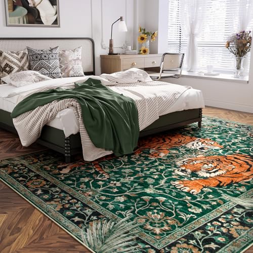 Moynesa Tiger 9x12 Washable Area Rug, Boho Green Rugs for Living Room, Non Slip Vintage Dining Room Rug, Botanical Ultra Thin Soft Stain Resistant Floor Carpet for Bedroom Home Office
