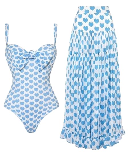 the curvves Light Blue Conversational Print Tie Front One Piece Swimsuit with Maxi Cover Up-picture-16