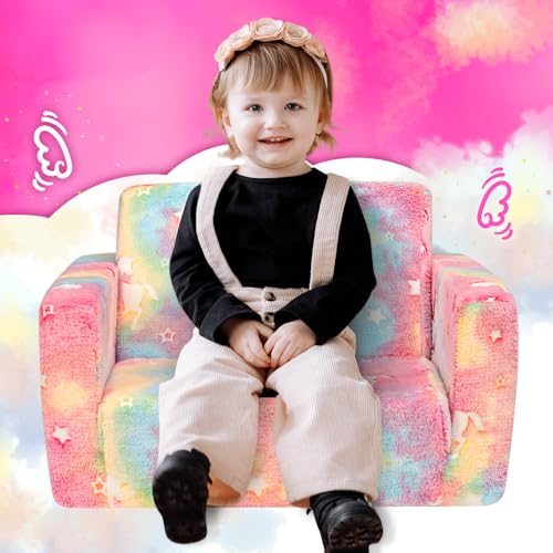 BEJOY Kindersofa Aufklappen 2 in 1 Schlafsofa, Kindersessel, Flanell Kinder Couch Ausklappbar für Kinderzimmer Kindertags- und Geburtstagsgeschenk für Mädchen und Jungen - Zuckerwatte mit Einhörnern