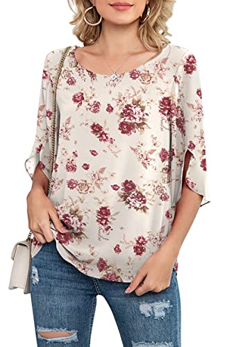 Neineiwu Womens Casual Scoop Neck Loose Top 3/4 Sleeve Chiffon Blouse Shirt Tops