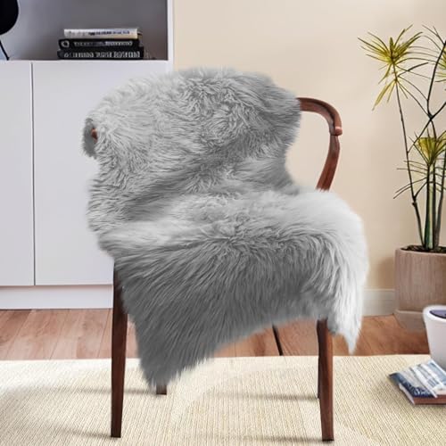 Ruedong Faux Fur Fell Teppich Grau 60x90 cm, Longhair Flauschiger Schaffell...