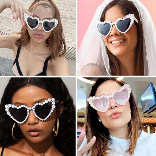 Pearl Heart Sunglasses for Women Love Pearl Sun Glasses Heart Shaped Cat Eye Party Festival Bling Sunglasses UV4002