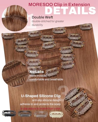 Image of Moresoo Copper Hair Extensions Clip ins Real Human Hair Copper Brown Clip in Hair Extensions Long Straight Can Be Curled for Women Full Head 120g /7pcs 18inch