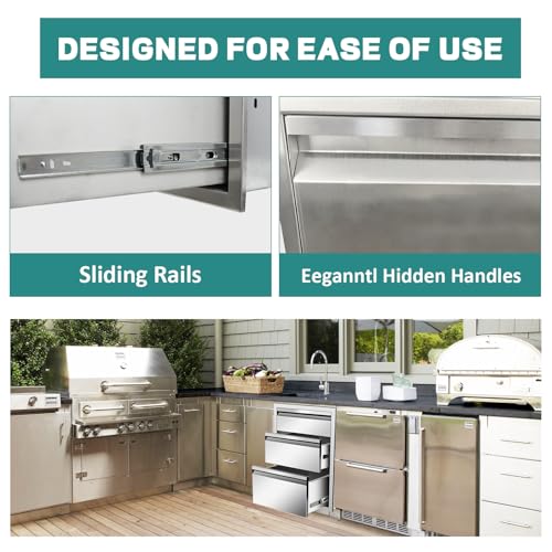 Image of Outdoor Kitchen Drawers 18 inch W x 21 inch H x 23 inch D Stainless Steel Drawer BBQ Triple Drawers with Hidden Handle for Outdoor Kitchen Island, Patio Grill Station