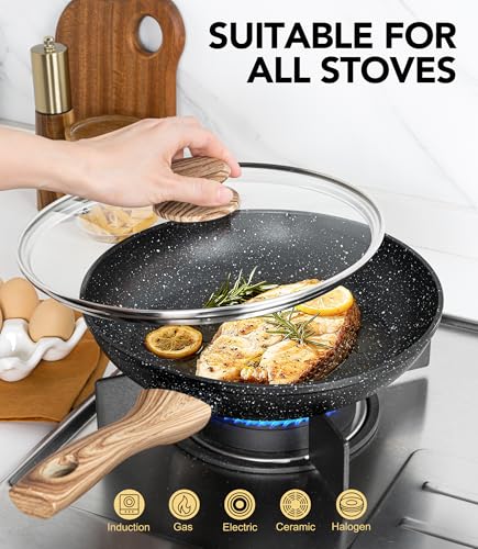 Image of Michelangelo 30CM Frying Pan Non Stick, Frying Pan with Bakelite Handle, Frying Pan Induction Base with Stone-Derived Coating, Frying Pan with Lid, Black