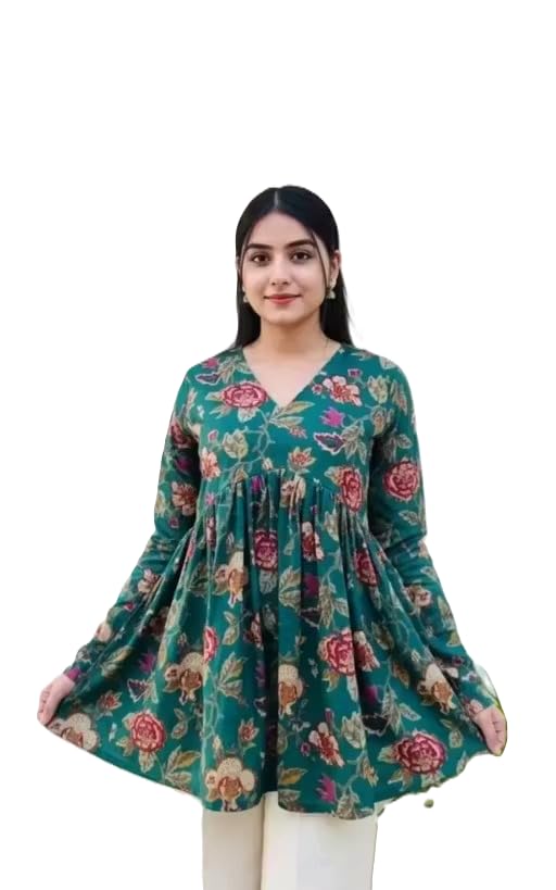 Women's Floral Print Blouse, V-Neck, Long Sleeve, Smocked Waist, Ruffle Hem, Pink (in, Alpha, 2XS, Regular, Green Floral Printed)-picture-22