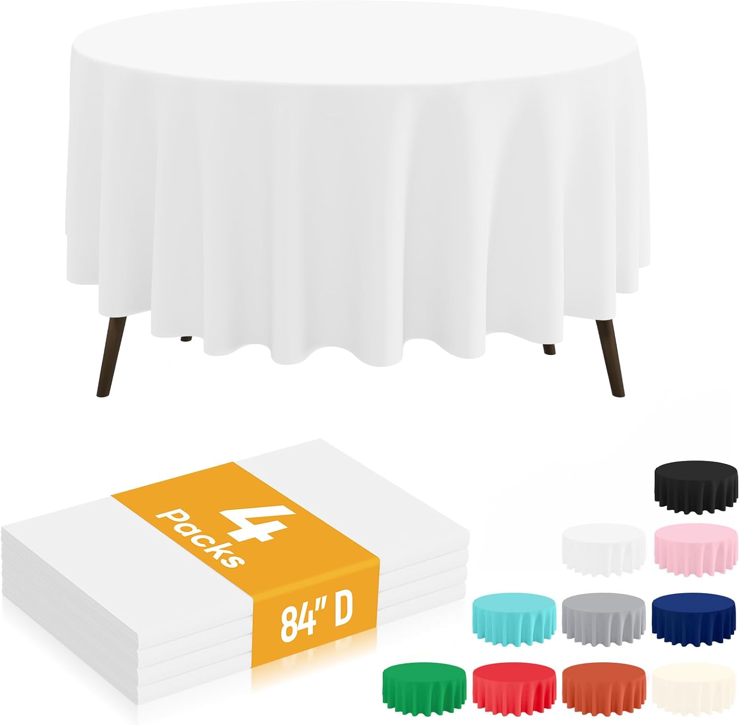 Smiry Disposable Table Cloth - 4 Pack, 84 Inch Waterproof Round Tablecloths for Parties, Decorative Plastic Table Cover, Leakproof & Sturdy, White