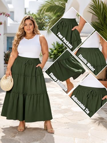 Image of Moon Wood Plus Size Maxi Skirts for Women Trendy Long Flowy Boho Tiered Skirt Renaissance Summer Beach Skirt with Pockets