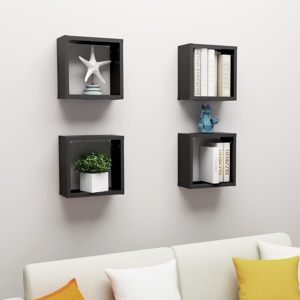 Scaffalature, mensole da parete e sporgenze, mensole cubiche da parete, 4 pezzi, nero, 30 x 15 x 30 cm