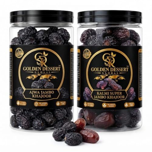 Image of Golden Dessert Global Premium Ajwa Jumbo Dates & Kalmi Super Jumbo Dates Combo Pack | Naturally Sweet Seeded Khajoor | No Added Sugar | Rich in Fiber & Nutrients | Healthy Dry Fruit Snack | Premium Quality