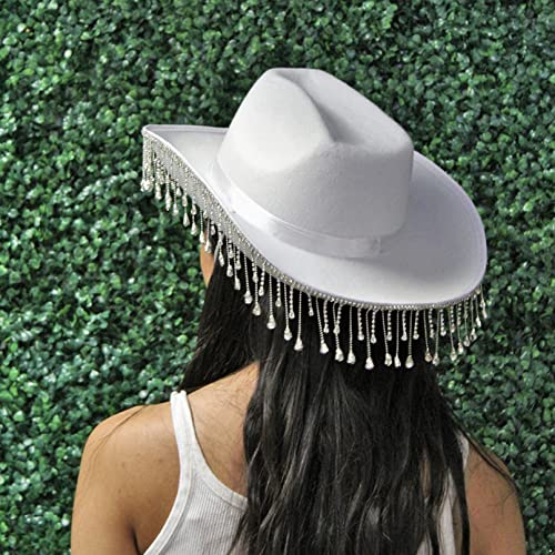 Tiaobug Womens White Bridal Western Cowboy Hat Diamond Fringe Cowgirl Novelty Funny Party White One Size #TOP1