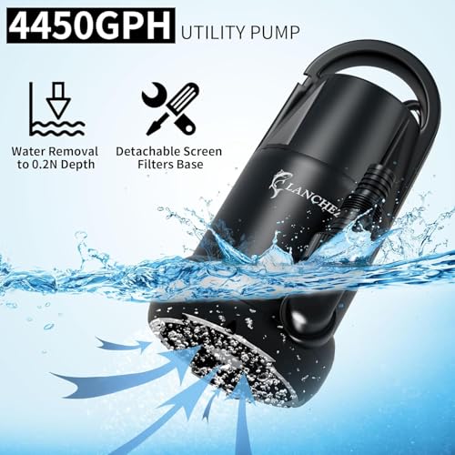 LANCHEZ Sump Pump 3/4 HP 4450 GPH Submersible Water Pump Thermoplastic Portable Utility Pump High Flow Water Removal for Swimming Pool Garden Pond Basement Window Wells with 25ft Long Power Cord