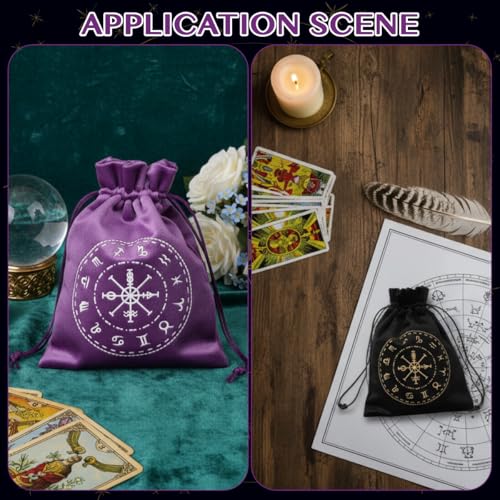 Image of PATPAT 2Pcs Tarot Cards Deck Drawstring Bags 13x18cm, Black and Purple, Mysterious 12 Zodiac Compass Printed Flocking Fabric Tarot Card Storage Bags, Cards Deck Supplies, Gifting