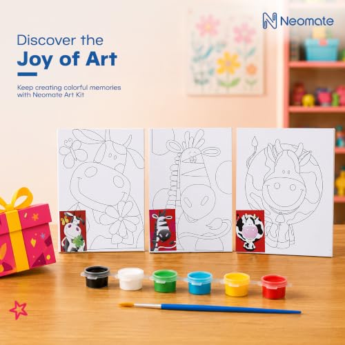 Image of Neomate Canvas Painting Kit for Kids | DIY Painting Set with 3 Printed Canvas, 6 Acrylic Paint Pots & Brush | Art and Craft Kit, Paint Kit for Kids, Birthday Gift, Return Gift, Creative Activity Set