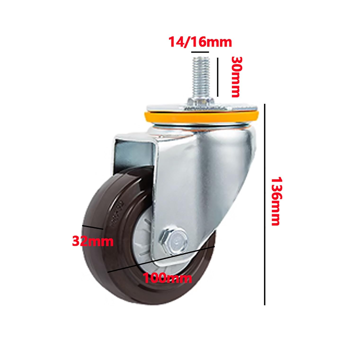 roulettes de Rechange 100mm roulettes Tige Fileté M14/16 * 30mm roulettes Charge Lourde avec Frein Lisse sans Bruit Lot de 4(Swivel,M14*30)
