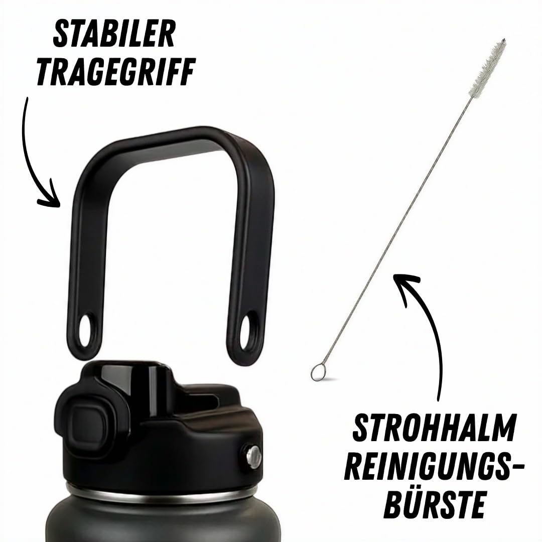 Bouteille isotherme, 2 en 1, 2 en 1, avec paille, 100 % lave-vaisselle, froid glacé 24 h, chaud 12 h, gourde isotherme de 2 l, en acier inoxydable, sans BPA et anti-fuite, gris polaire