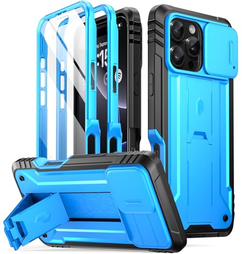 Image of Poetic Revolution Case for iPhone 16 Pro Max 6.9 inch, [Slide Camera Cover], Full-Body Military Grade Rugged Shockproof Cover with Kickstand and Built-in-Screen Protector, Light Blue