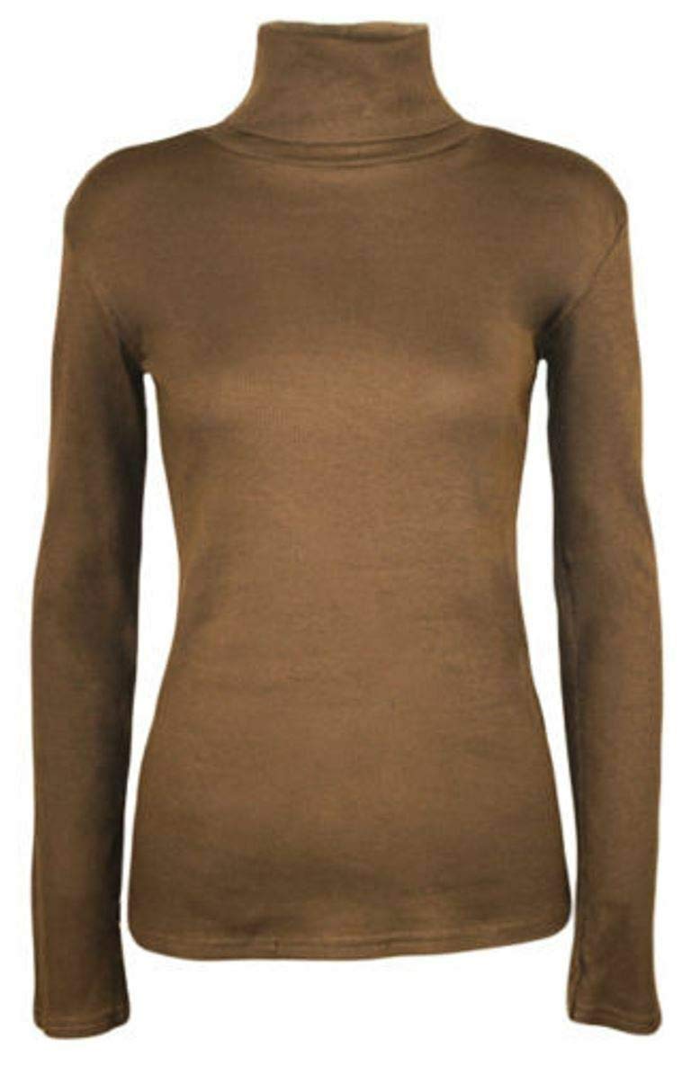 Fashion Lovers Ladies Women Stretch Plain Polo Turtle Roll Neck T Shirt Jumper Top Mocha