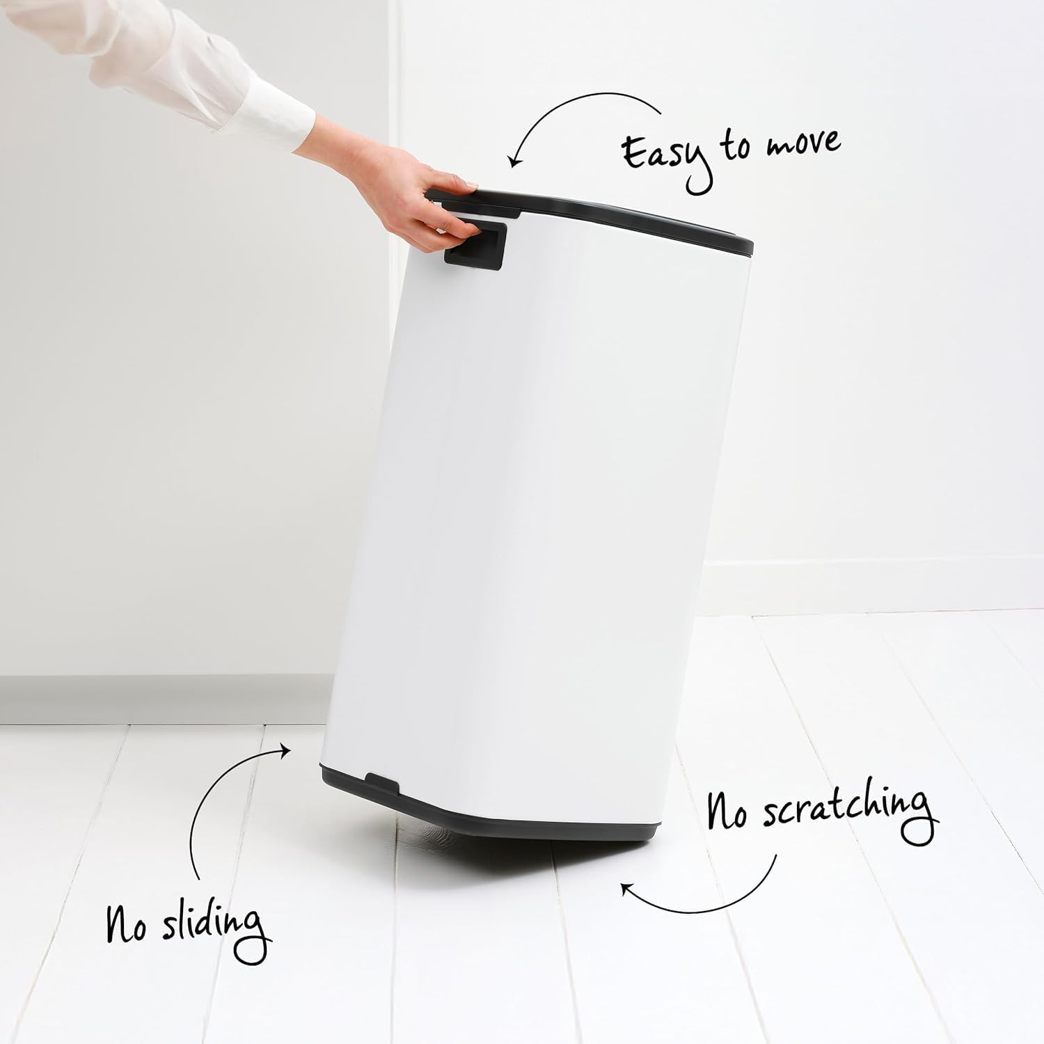 Brabantia Bo Touch Top 8 Gallon Square Trash Can | White | Soft-Touch Kitchen Trash Can, Removable Inner Bucket, Non-Slip Base | Fits in Corner/Against Wall | Sample Trash Bags Included