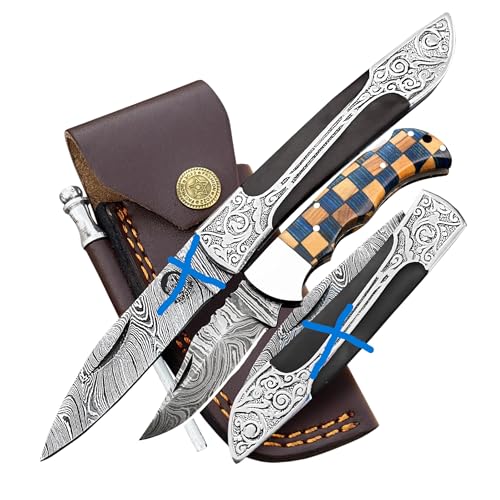 VULTURE CRAFTS CLUB Damascus Steel Pocket Knife with Clip and Leather Sheath - EDC Knives for Outdoor and Camping Activities, Handmade Folding Knife, Free Sharpner (Chess foldable)