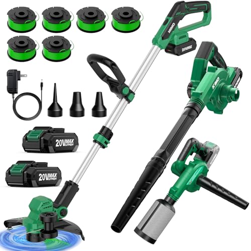 KIMO Weed Wacker and Blower Combo with 2 x 2.0Ah Battery & Charger, 12 Inch Electric Weed Eater w/6pcs Line Spools, 4-in-1 Leaf Blower Cordless w/Vacuum, 3 Nozzles & 20' Extended Tube for Yard, Garden