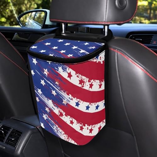 Image of Talayituse American Flag Star Print Car Trash Can with Lid, 4th of July Leak Proof Auto Trash Bag Hanging Vehicle Garbage Can Multipurpose Storage Container for Back Seat Road Trip