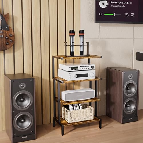 4 Tier Corner AV Media Stand, Stereo Rack, Video Game Console Stand for Living Room Gaming Room Music Studio, Rustic Brown - Image 5