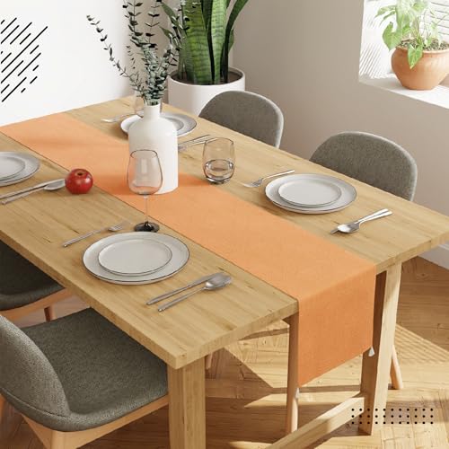 Image of Encasa XO 4 Seater Dining Embossed Velvet Table Runner | Size 32x150 cm | Peach Color with Premium Polyester - Machine Washable