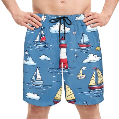 Men's Swim Trunks Size S Sailboat Diagram with Mesh Lining Soft Breathable Quick Dry Beach Shorts Azure Blue
