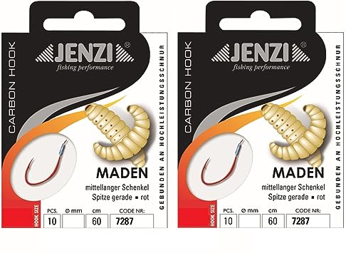 Set: 2 packs of tied maggot hooks by Jenzi, (20 pieces) on mono cord 60 cm, hook size 10, 12