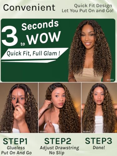 Image of KLAIYI Bye Bye Slip Golden Blonde Balayage Highlights Water Wave Glueless Precut 7x5 Lace Front Wigs Human Hair Drawstring Ombre Brown Curly Pre Plucked Bleached Knots Ready to Wear and Go Wig 20Inch