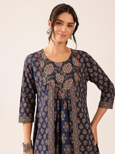 Image of Vbuyz Women's Floral Print A-Line Cotton Stitched Kurta