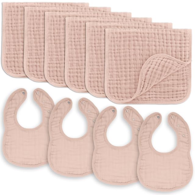 Image of Comfy Cubs Baby Bibs & Burp Cloths Set Large - 6 Pack Muslin Burp Cloths & 4 Pack Muslin Bibs, Blush - Muslin Cotton Burp Bibs - Baby Essentials 6 Layers Extra Absorbent and Soft Boys & Girls