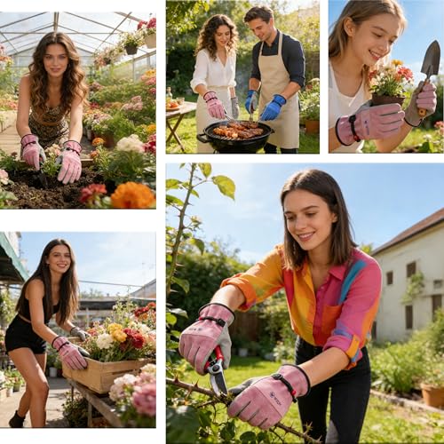 Image of WZQH Leather Work Gloves for Men or Women. XX-Large Glove for Gardening, Tig /Mig Welding, Construction, Chainsaw, Farm, Ranch, etc. Cowhide, Soft Lining, Utility, Firm Grip, Durable. Pink-Grey 2XL