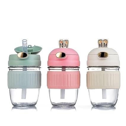 SHEING Rabbit Ear Water Bottle Girl Anti-Fall Water Cup with Straw and Strap Plastic Drinking Cup Student Portable Travel High-Temperature Resistant Bottle (1PCs)