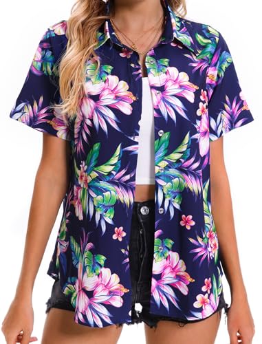 Womens Hawaiian Shirt Soft Cool Summer Hawaii Shirts Floral Tropic Print V Neck T-Shirt Short Sleeve Button Up Tops4
