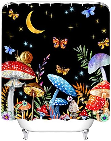 LEITINGYA Mushroom Shower Curtain, Botanical Floral Butterfly Shower Curtain, Black Retro Moon Shower Curtain, Fabric Shower Curtains Set Waterproof & Washable with 12 Hooks, 72"x72"