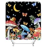 LEITINGYA Mushroom Shower Curtain, Botanical Floral Butterfly Shower Curtain, Black Retro Moon Showe