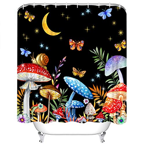 Leitingya Mushroom Shower Curtain, Botanical Floral Butterfly Shower Curtain, Black Retro Moon Shower Curtain, Fabric Shower Curtains Set Waterproof & Washable With 12 Hooks, 72"X72" #TOP15