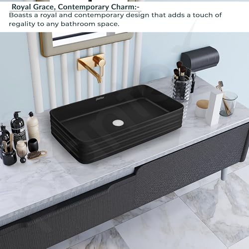 Image of Plantex Wash Basin for Bathroom /Ceramic Basin /Rectangle Table Top Basin /Wash Basin for Home /Restaurant (Charcoal Black - 26 x 15 x 5 Inch)