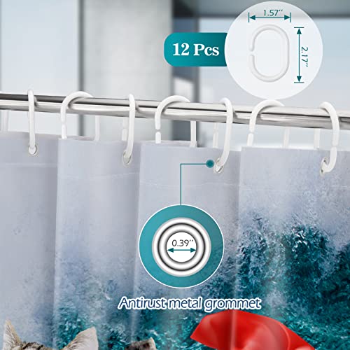 Image of Aimego Long Funny Shower Curtain - Cute Crazy Cat Riding Shark Ocean Fun Fabric Cloth Shower Curtain Set with 12 Hooks for Adults Bathroom Decor Accessories Bath Curtain, 72 inchx78 inch, Blue Red