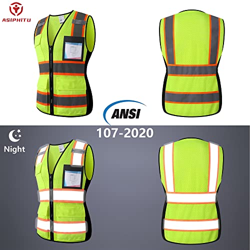Image of Safety Vest for Men Women Reflective Construction Vest Hi Vis ANSI Standard | ANSI Standard, 8 utility Pockets 4 Reflective Strips with Neon trim High Visibilty Breathable Mesh Safety Apparel for Work
