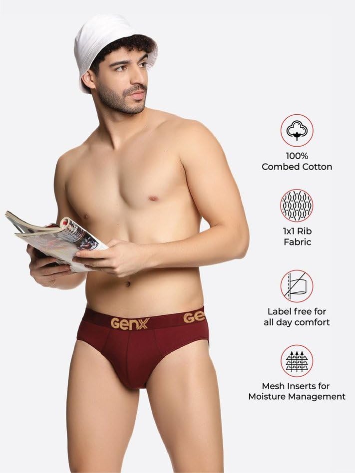 Image of Genx Jazz Men's 100% Cotton Briefs with Comfortable Waistband(Pack of 3)(Colors&Print May Vary)