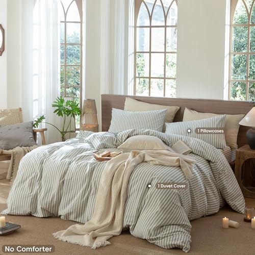 Image of MooMee Striped Duvet Cover Set 100% Washed Cotton Linen Like Twin | Relaxed Linen-like Texture. Soft, Breathable & Long-lasting Comfort. Lightweight. Hidden Zipper with 8 Interior Corner Ties