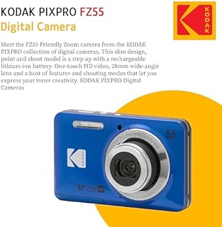 KODAK PIXPRO FZ55 16MP Digital Point & Shoot Camera, 5X Optical Zoom, 28mm Wide Angle, 1080P Full HD Video, Bundle with 32GB SD Card, Protective Case, and Hi-Speed Card Reader (Blue)