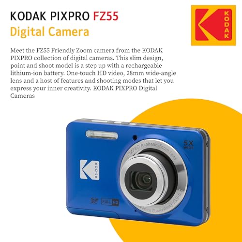 KODAK PIXPRO FZ55 16MP Digital Point & Shoot Camera, 5X Optical Zoom, 28mm Wide Angle, 1080P Full HD Video, Bundle with 32GB SD Card, Protective Case, and Hi-Speed Card Reader (Blue)