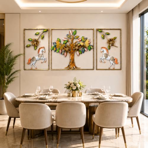 Image of SHREE 'O' GREEN TECH - Modern Iron Tree of Life Wall Decor Multicolor Horse Floral Leaf Artwork Large Hanging Frames for Living Room Bedroom Office Hotel Interior Styling (Set of 3)