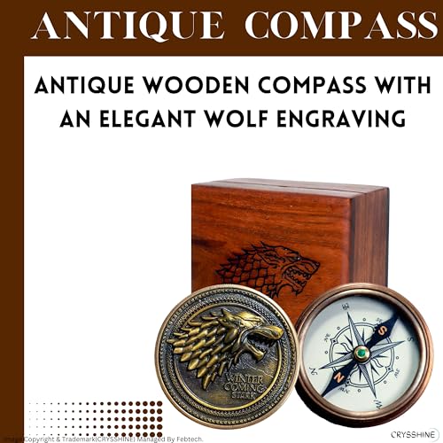 Brújula metálica con tema de lobo y estuche de madera grabado miniatura 5