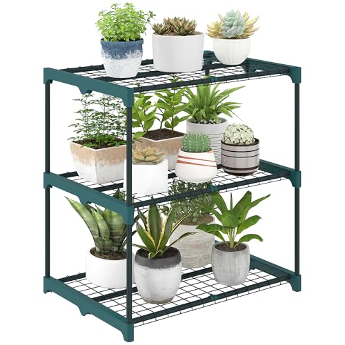 Outsunny 3-Etagen Pflanzenständer 72 cm hoch Blumenständer mit Regalböden mehrstöckig Pflanzenregal aus Stahl Blumenregal für Garten Balkon Deko Dunkelgrün
